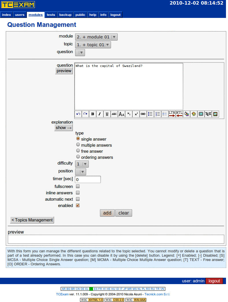 TCExam screenshot QG018