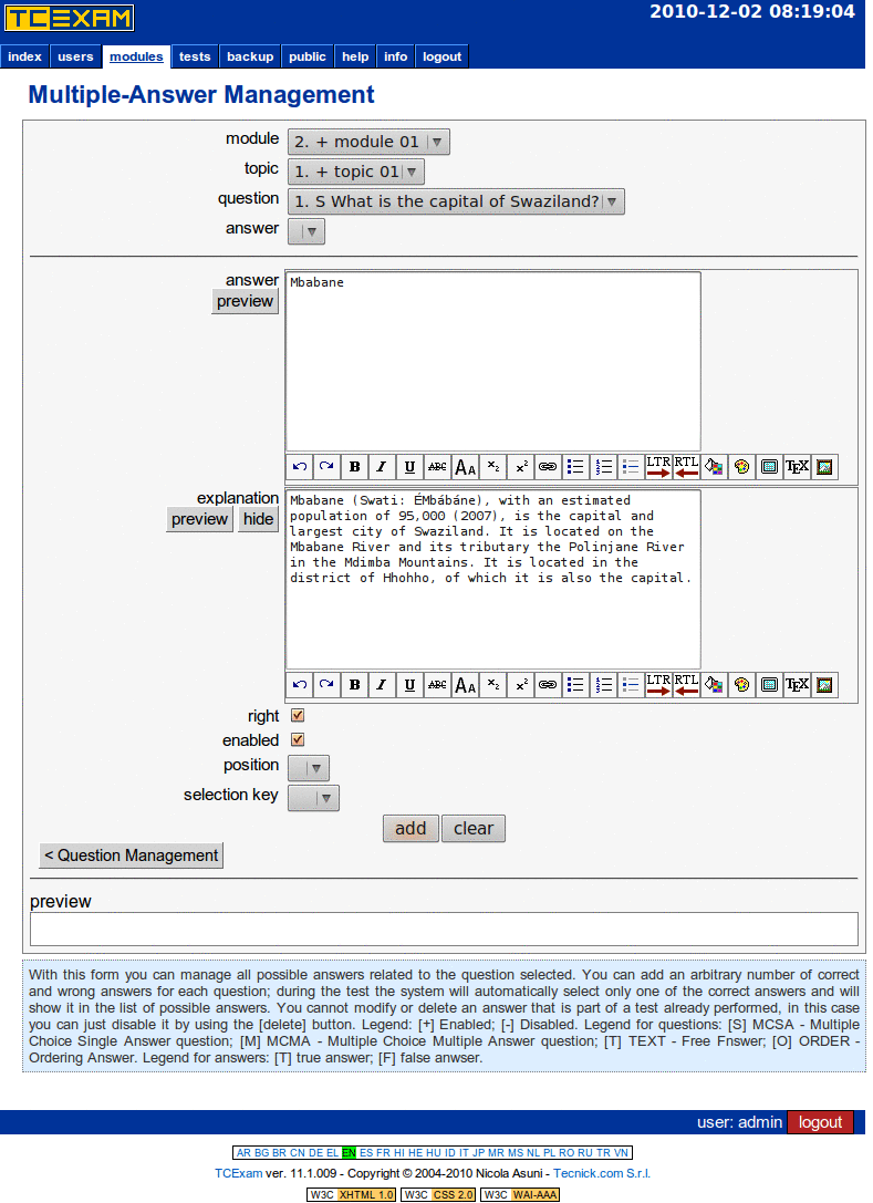 TCExam screenshot QG020