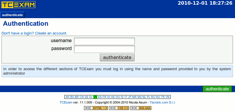 TCExam screenshot: public login